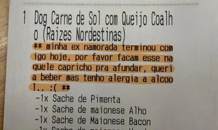 ‘Queria beber, mas tenho alergia a álcool’: pedido de lanche em Maringá viraliza após término de namoro